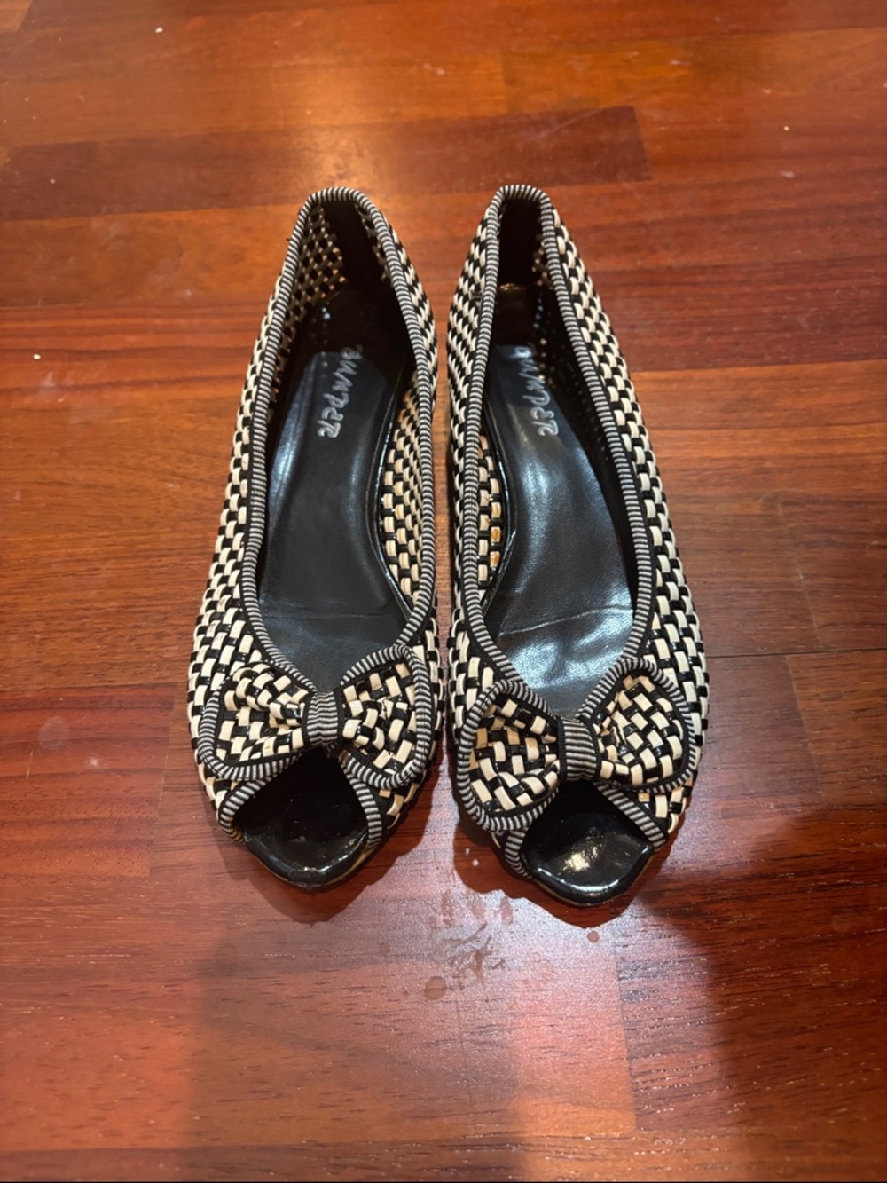 Bumper Woven Bow Peep-Toe Flats in Black and Cream